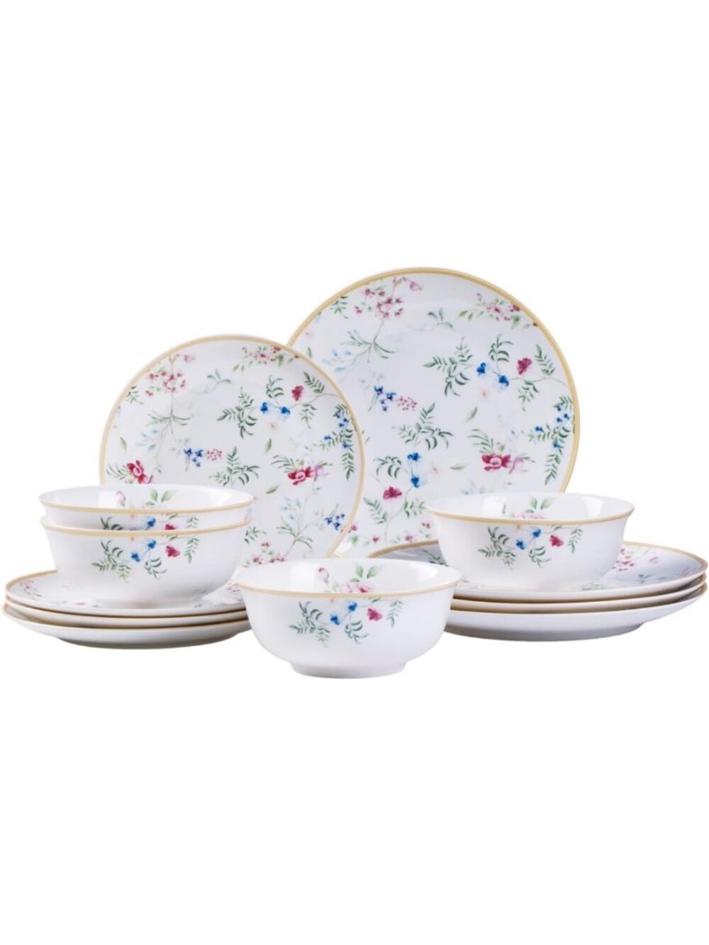 Elegant Floral Dinnerware Set for 4 - 12-Piece Porcelain Plates & Bowls, Gold
